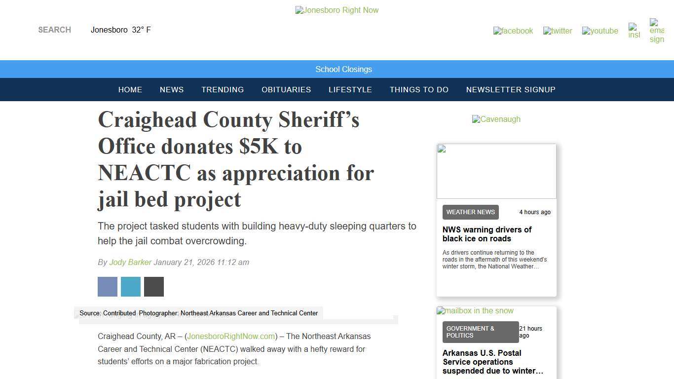 Craighead County Sheriff’s Office donates $5K to NEACTC as appreciation for jail bed project - Jonesboro Right Now